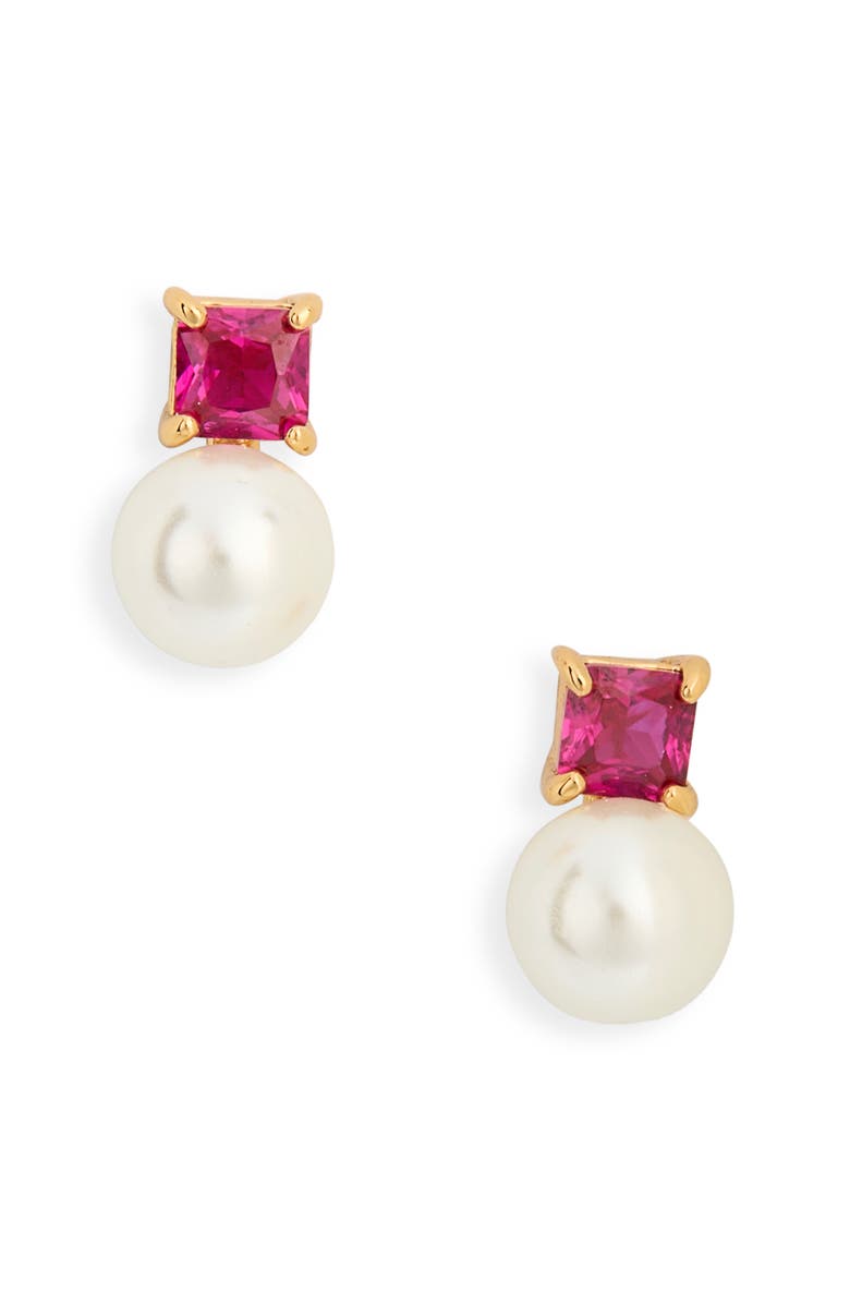 Kate Spade New York little faux pearl & cubic zirconia stud earrings, Alternate, color, Deep Magenta