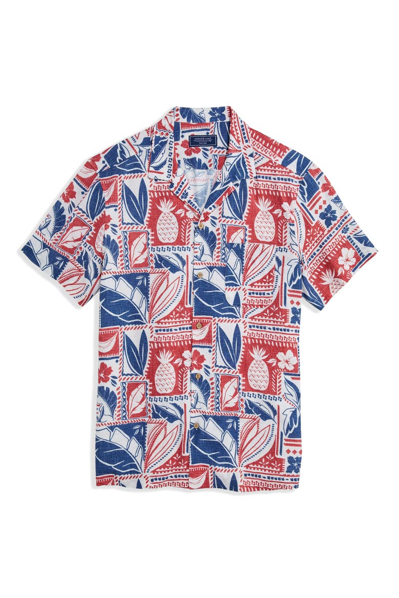 Waikiki Woodblock Print Camp Shirt, Main, color, ISLAND WHITE BLUE  MULTI