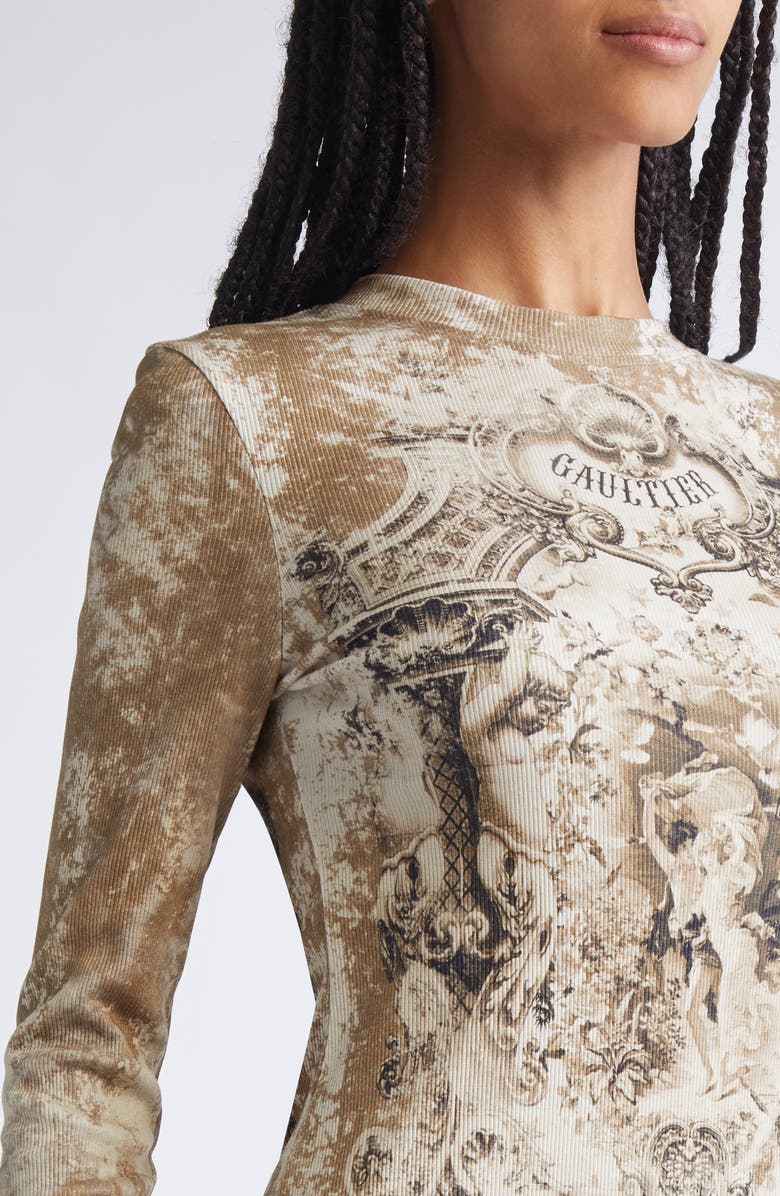 Jean Paul Gaultier Medallion Print Long Sleeve Mesh Body-Con Dress, Alternate, color, Light Beige/ Taupe