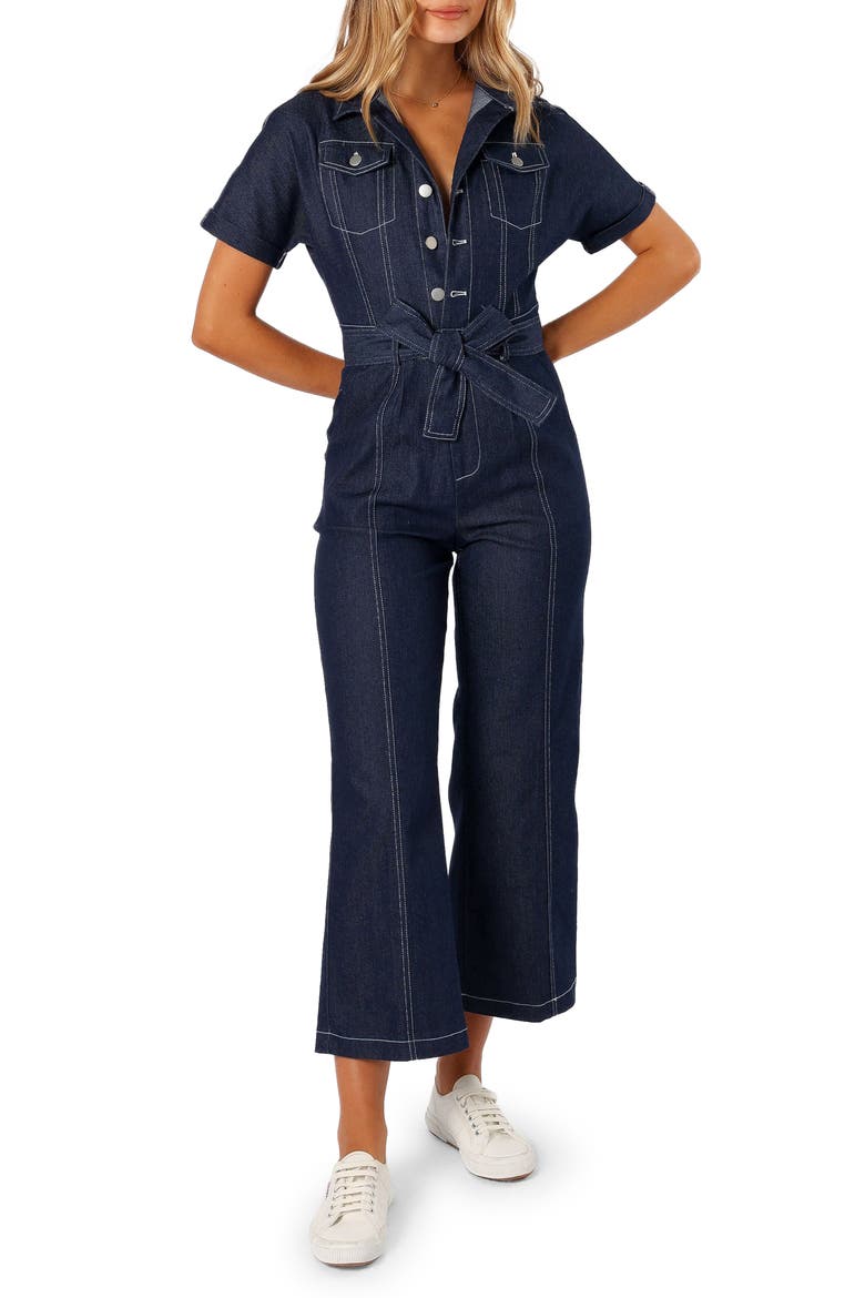 Short Sleeve Denim Jumpsuit, Main, color, DARK DENIM