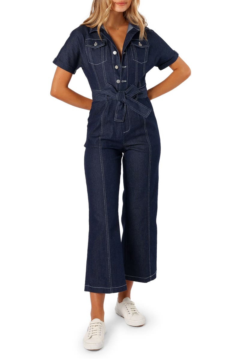 Petal & Pup Short Sleeve Denim Jumpsuit, Main, color, Dark Denim
