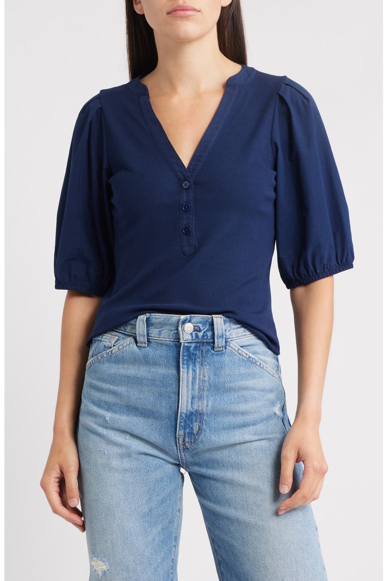 Puff-Sleeve Henley Knit Top, Main, color, MIDNIGHT NAVY