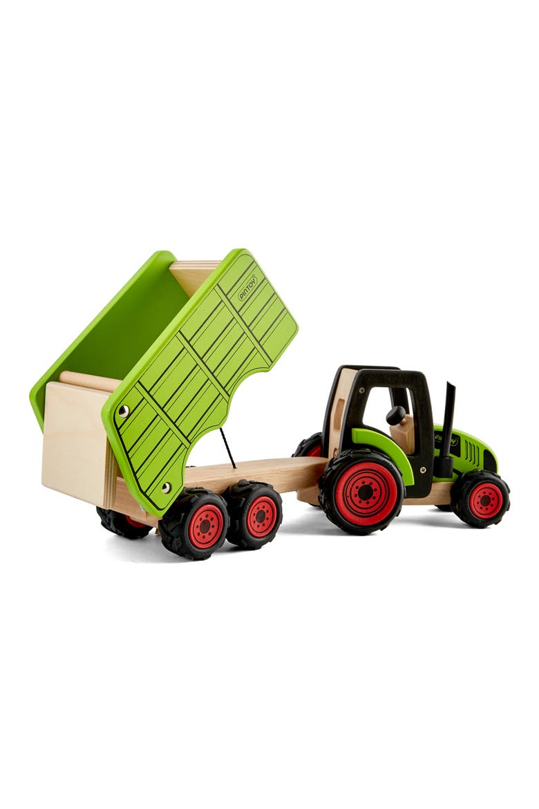Wood Toy Tractor with Trailer, Alternate, color, GREEN