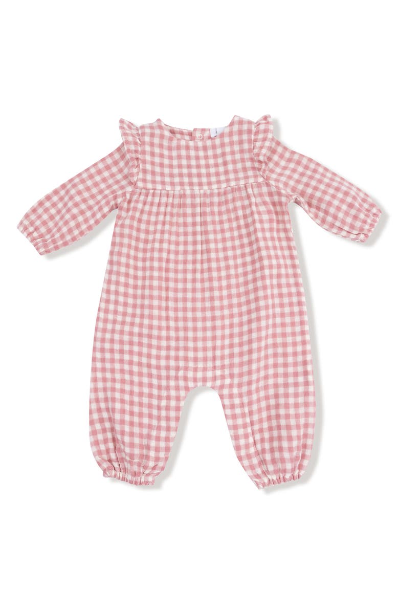 Angel Dear Rose Pink Plaid Organic Cotton Muslin Romper, Main, color, Rose Pink