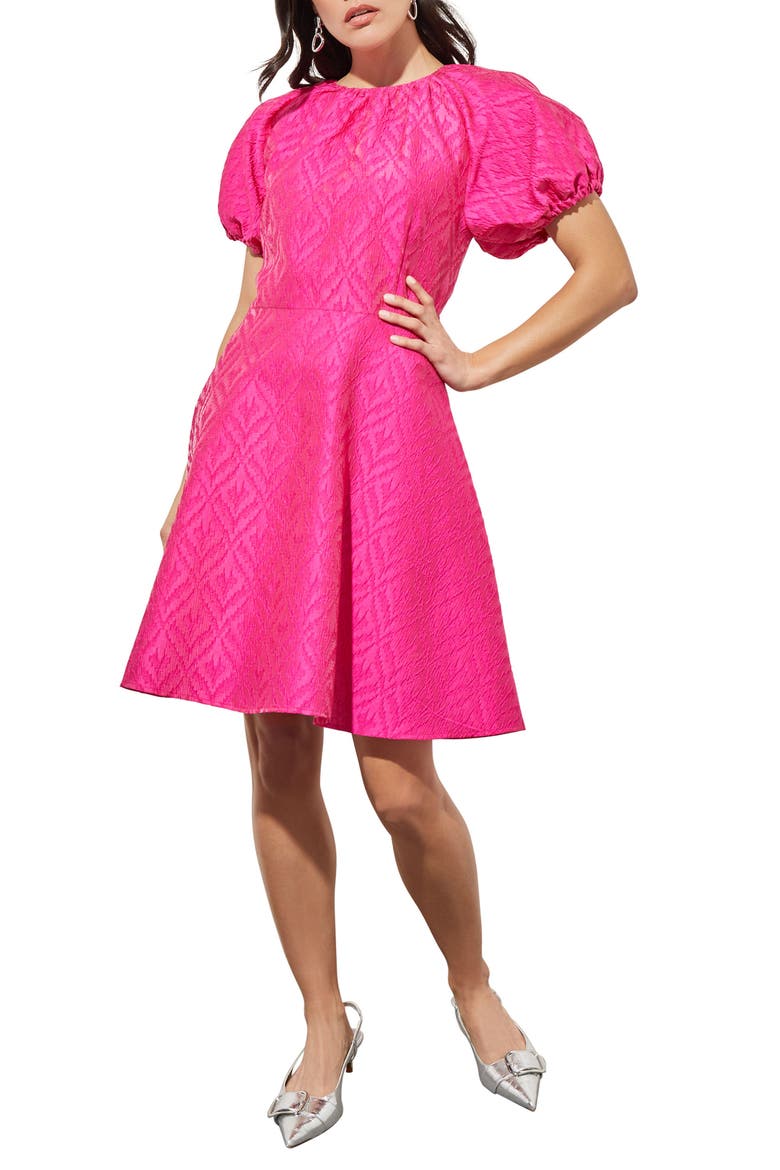 Bouffont Puff Sleeve Jacquard Dress, Main, color, CARMINE ROSE