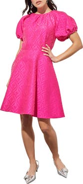 Ming Wang Bouffont Puff Sleeve Jacquard Dress