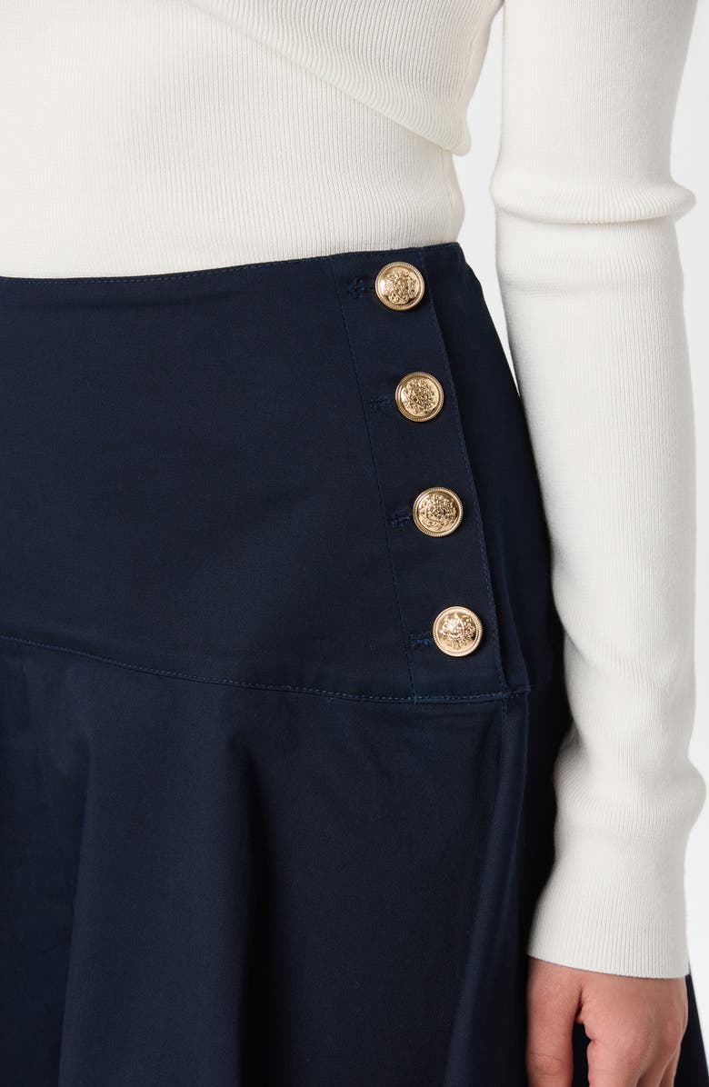 ASTR the Label Drop Waist Stretch Cotton Midi Skirt, Alternate, color, Navy