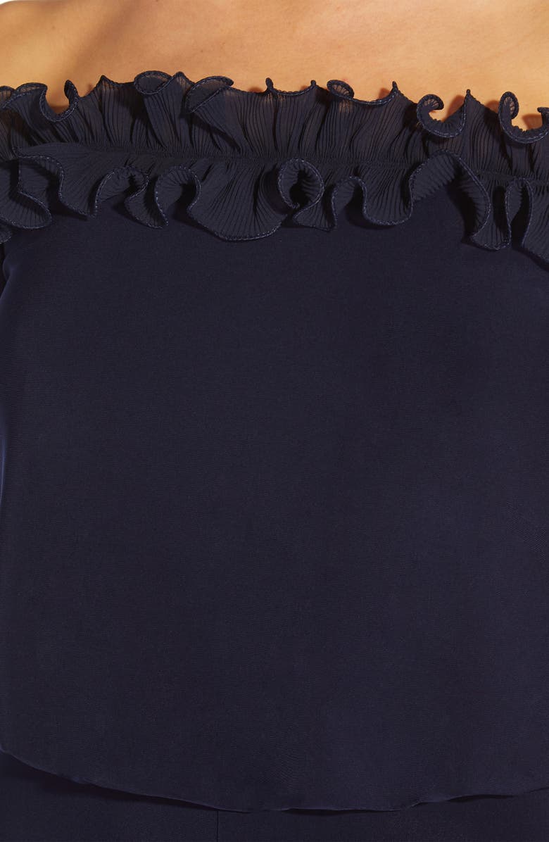 Adrianna Papell Ruffle Off the Shoulder Blouson Bodice Jumpsuit, Alternate, color, Navy