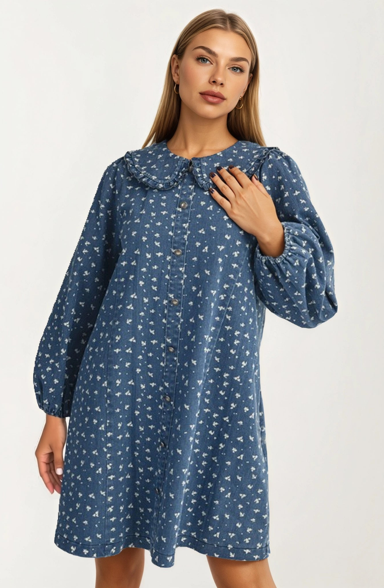 Knit and Lounge Button Front Puff Sleeve Ruffle Collar Mini Dress, Main, color, Blue / White Floral