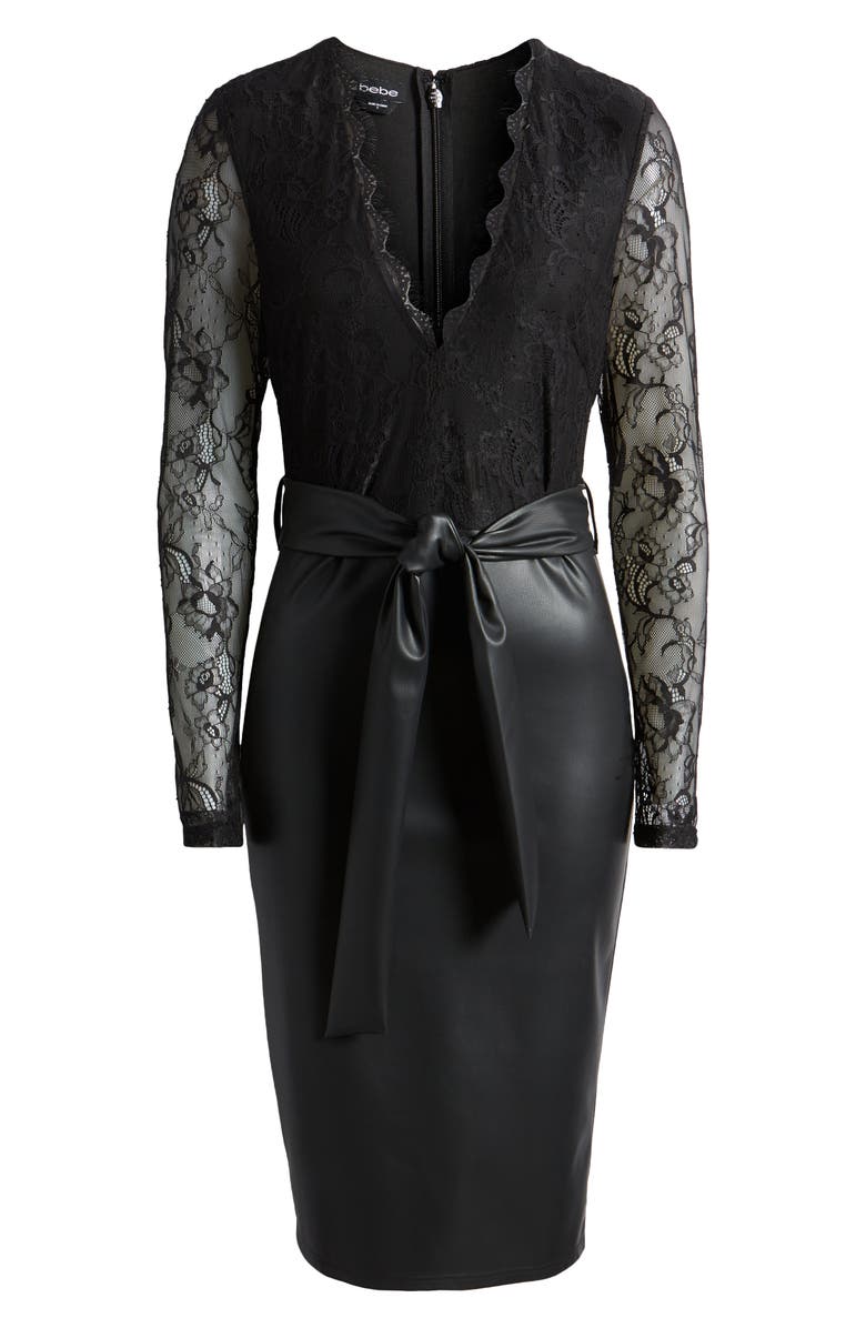 bebe Mixed Media Long Sleeve Lace & Faux Leather Dress, Alternate, color,