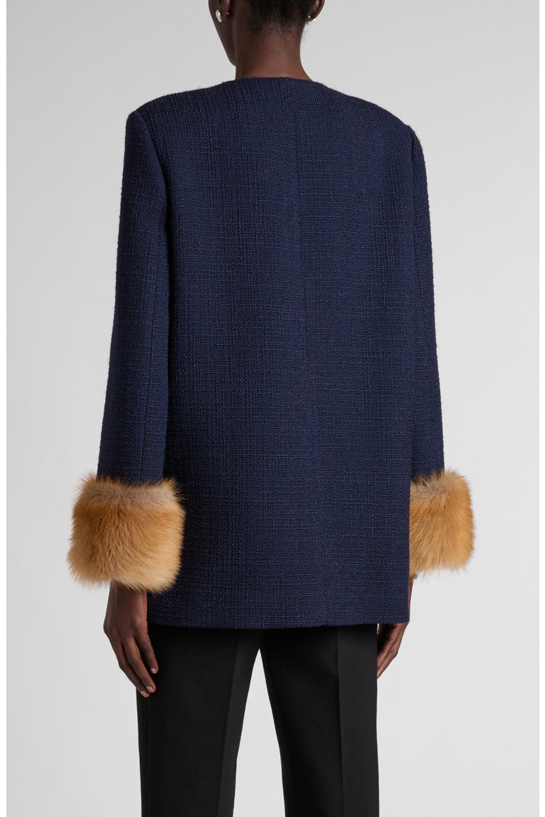 Wool Blend Tweed Jacket with Faux Fur Cuffs, Alternate, color, NAVY