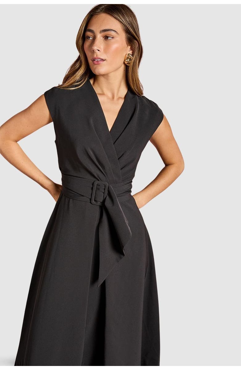 Coast Belted Crepe V-Neck Midi Dress, Alternate, color, Black
