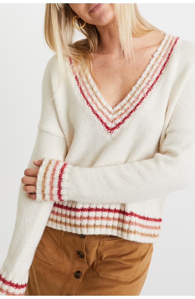 Marine Layer Adalyn Stripe Trim V-Neck Sweater, Alternate, color, 