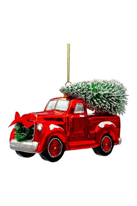 Vintage Red Truck With Tree Glass Ornament