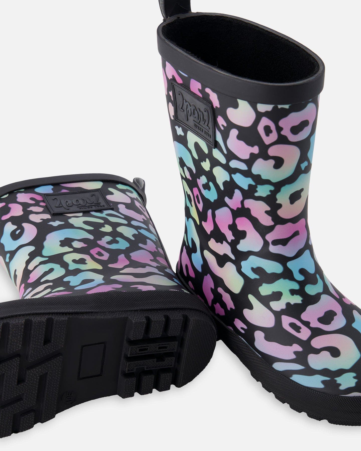 Deux par Deux Girl Waterproof Animal Rain Boots in Natural Rubber, Alternate, color, Black Animal Print