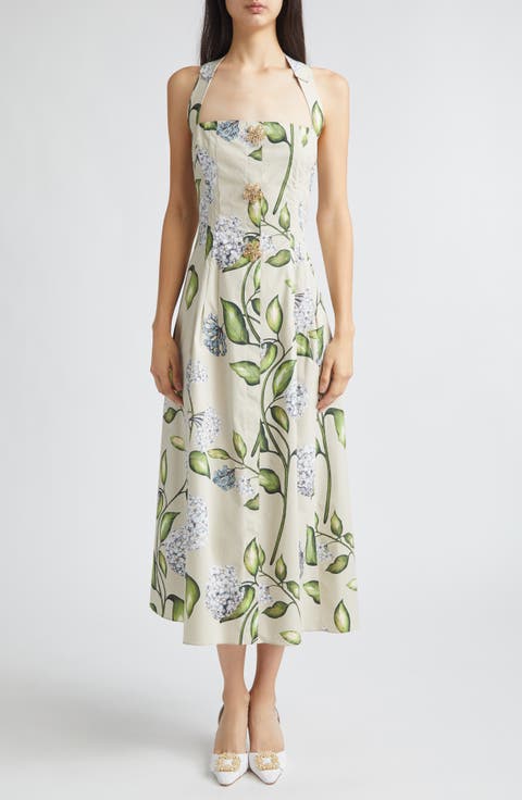 Porcelain Flowers Stretch Cotton Poplin Halter Neck Dress