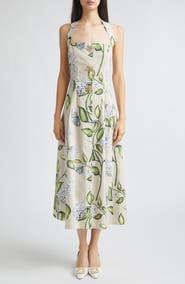 Oscar de la Renta Porcelain Flowers Stretch Cotton Poplin Halter Neck Dress