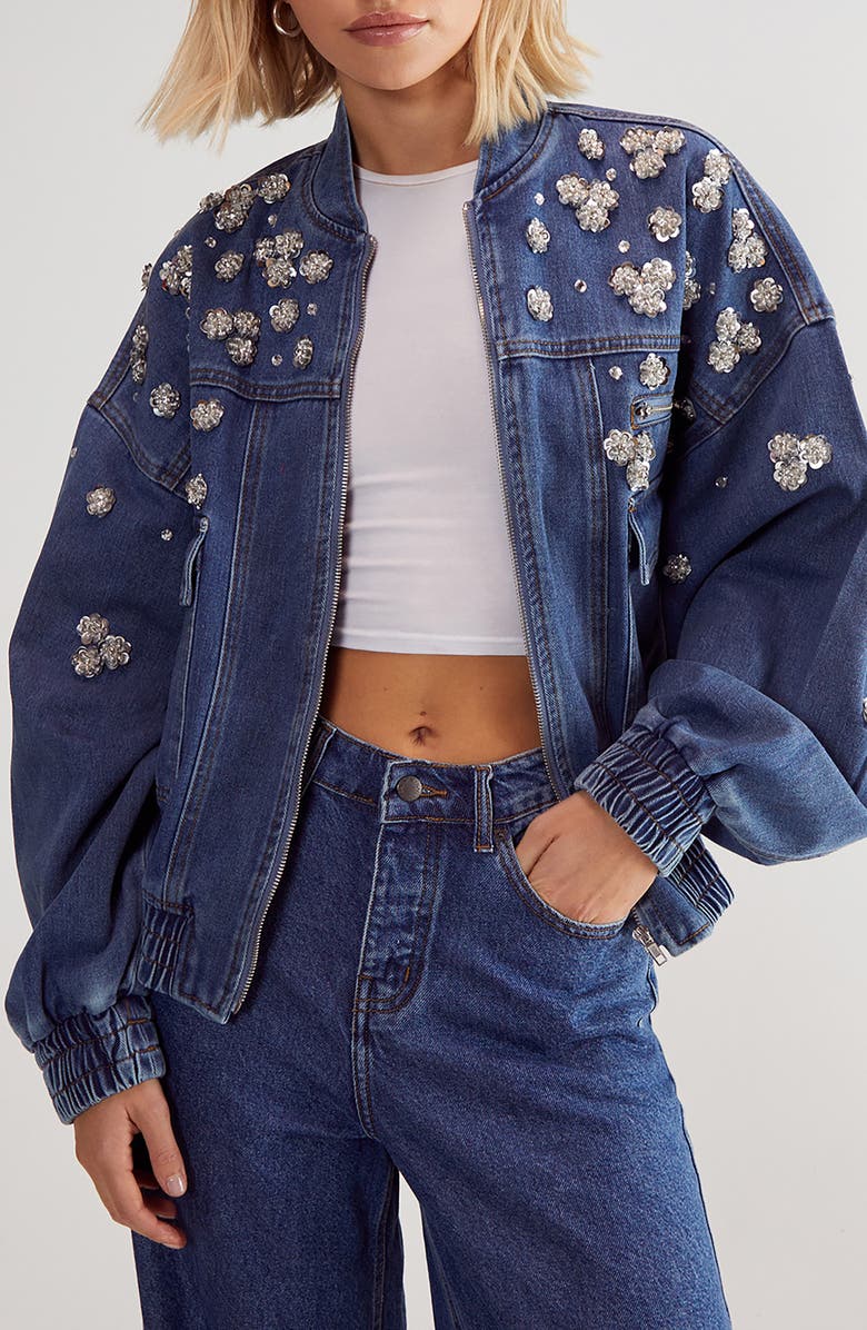 NASTY GAL Embellished Flower Appliqué Oversize Denim Bomber Jacket, Main, color, 