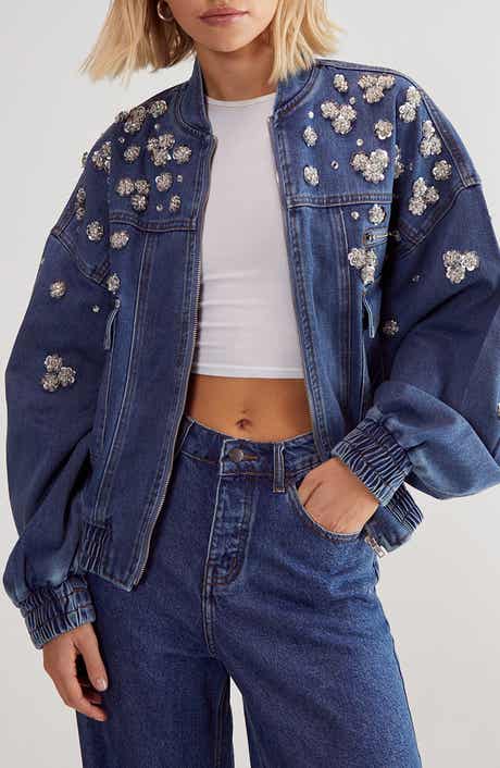 NASTY GAL Embellished Flower Appliqué Oversize Denim Bomber Jacket
