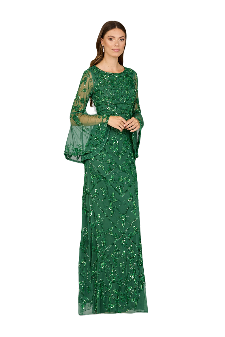 Bell Sleeved High Neck Beaded Gown, Main, color, ForestGreen