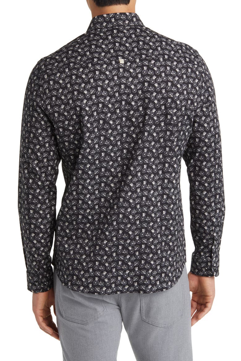 Bicycle Print Stretch Cotton Button-Up Shirt, Alternate, color, BLACK