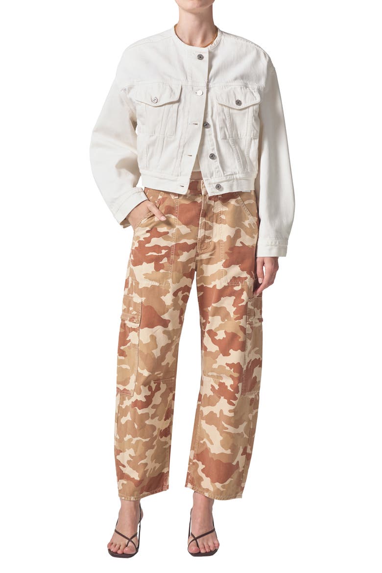 Marcelle Camo Print Low Rise Barrel Cargo Jeans, Alternate, color, SAND CAMO