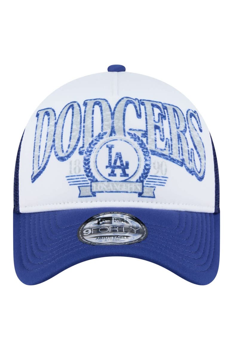 Men's New Era White/Royal Los Angeles Dodgers Trucker A-Frame 9FORTY Adjustable Hat, Alternate, color, White