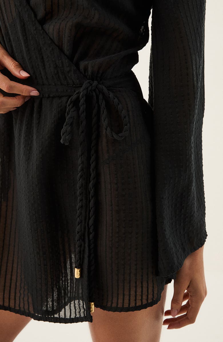ViX Paula Hermanny Winnie Long Sleeve Sheer Linen Blend Cover-Up Wrap Minidress, Alternate, color, Black