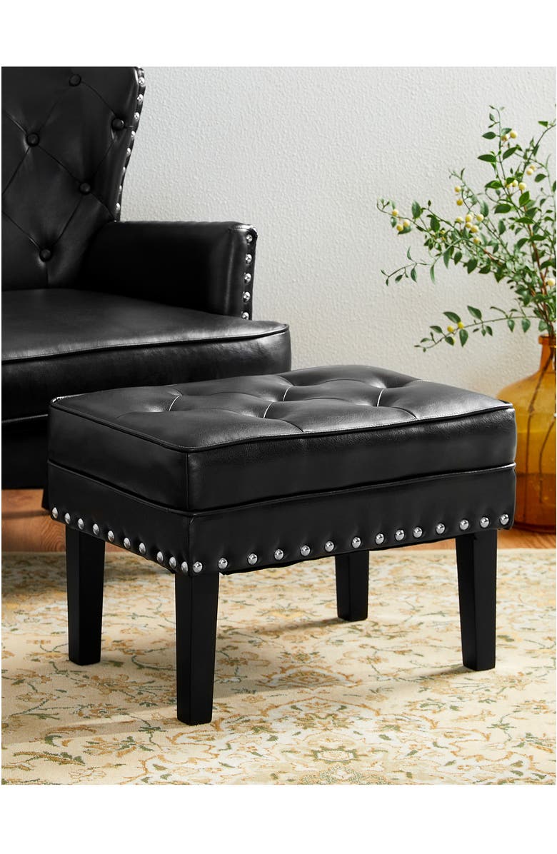 Glitzhome Mid-century Modern Faux Leather Button-tufted Accent Stool, Alternate, color, Black
