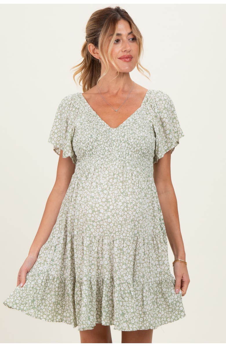 PinkBlush V Neck Smocked Bodice Ditsy Print Dress, Main, color, Green