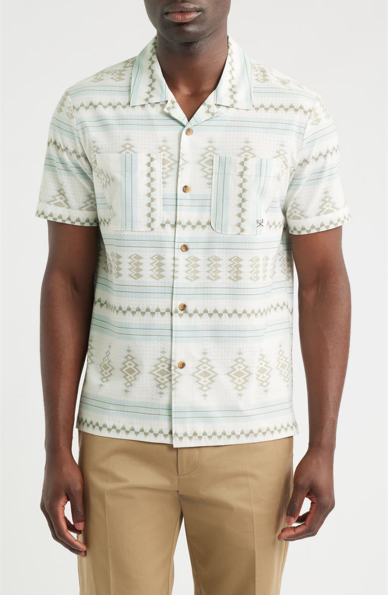 DARK SEAS Palmetto Geo Pattern Cotton Camp Shirt, Main, color, Off-White/ Blue