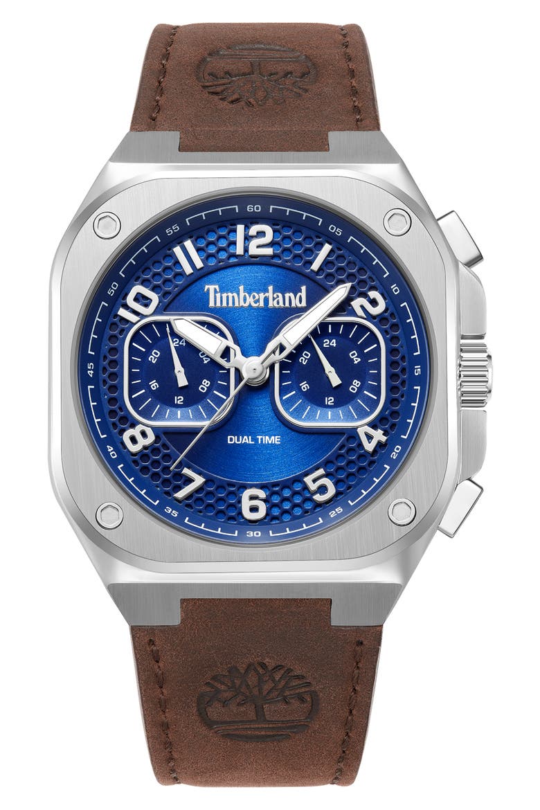 Mackinac Multifunction Chronograph Leather Strap Watch, 44mm x 25mm, Main, color, DARK BROWN