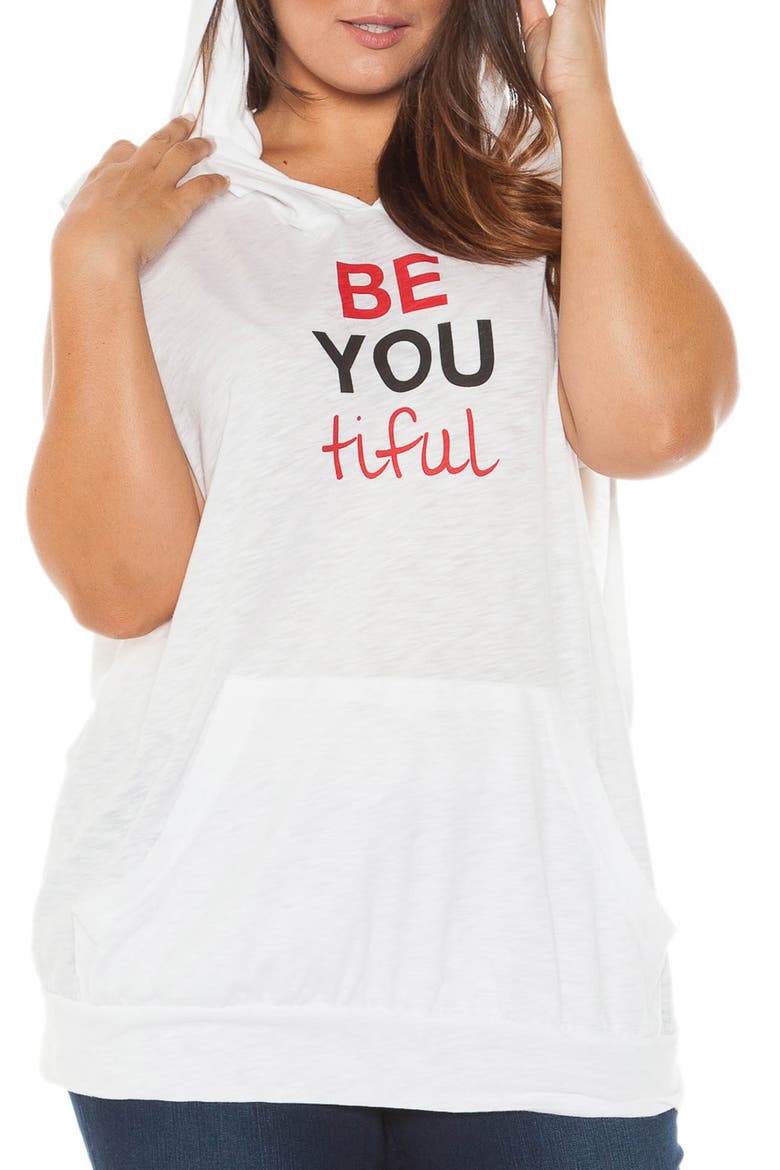 Sleeveless Graphic Pullover Hoodie, Main, color, WHITE/ BE YOUTIFUL