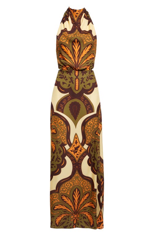 Shop Johanna Ortiz Finding Peace Silk Halter Maxi Dress In Palma Sevillana Ecru/olive