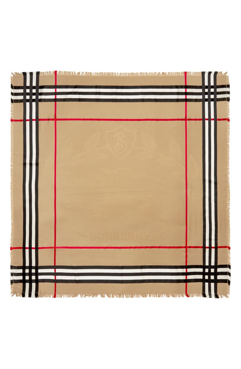 Burberry Equestrian Knight Crest Square Silk & Wool Scarf, Alternate, color,