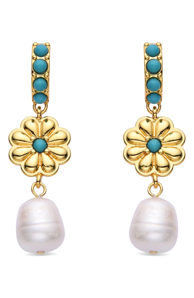 EYE CANDY LOS ANGELES Myla Crystal & Imitation Pearl Drop Huggie Hoop Earrings, Main, color, Gold