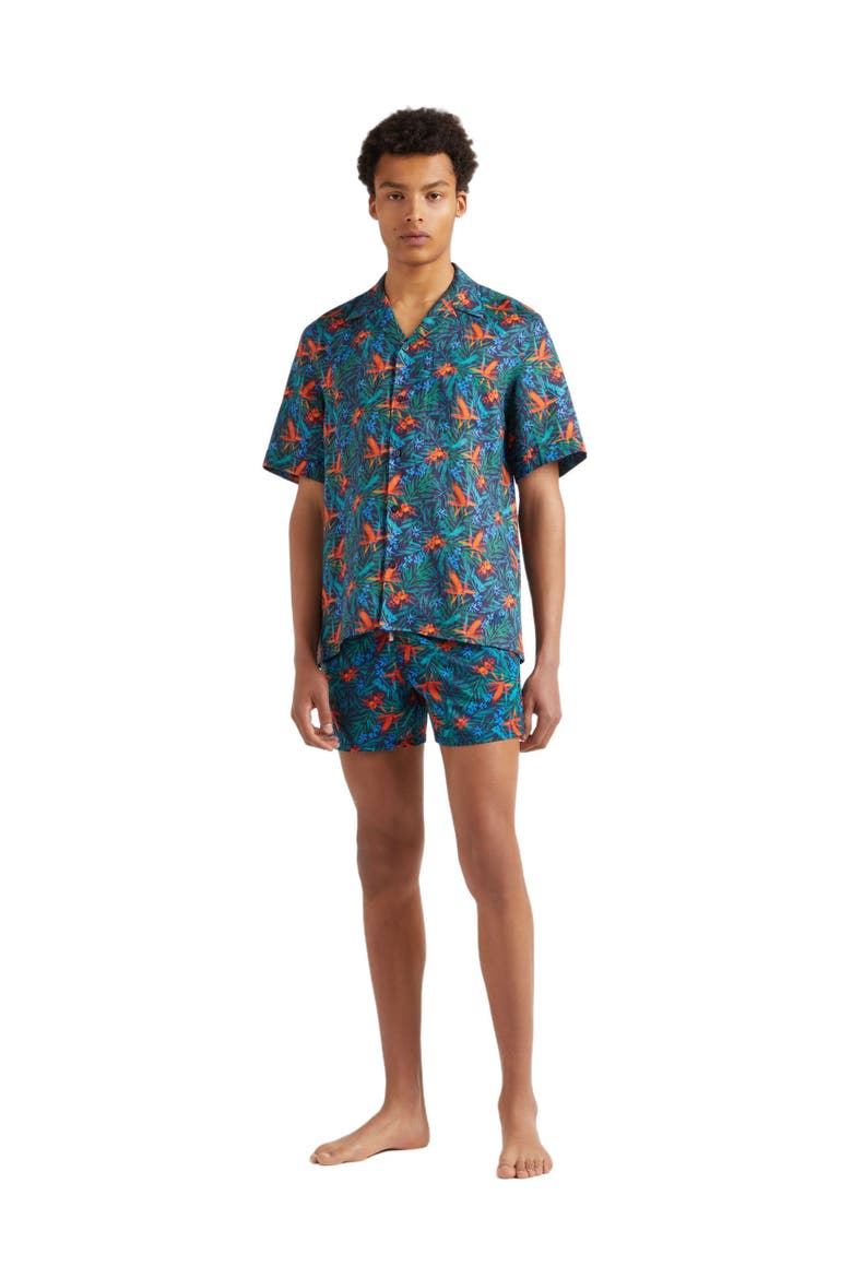 Men's Tropical Flower Printed Linen Shirt, Main, color, BLEU MARINE