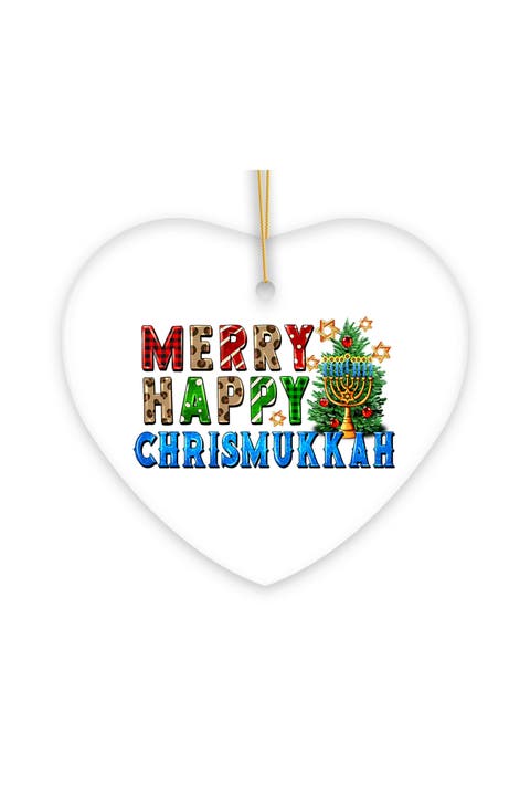 Merry Happy Chrismukkah Heart Ceramic Ornament