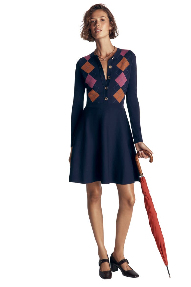 Argyle Long Sleeve Jacquard Dress, Alternate, color, NAVY ARGYLE