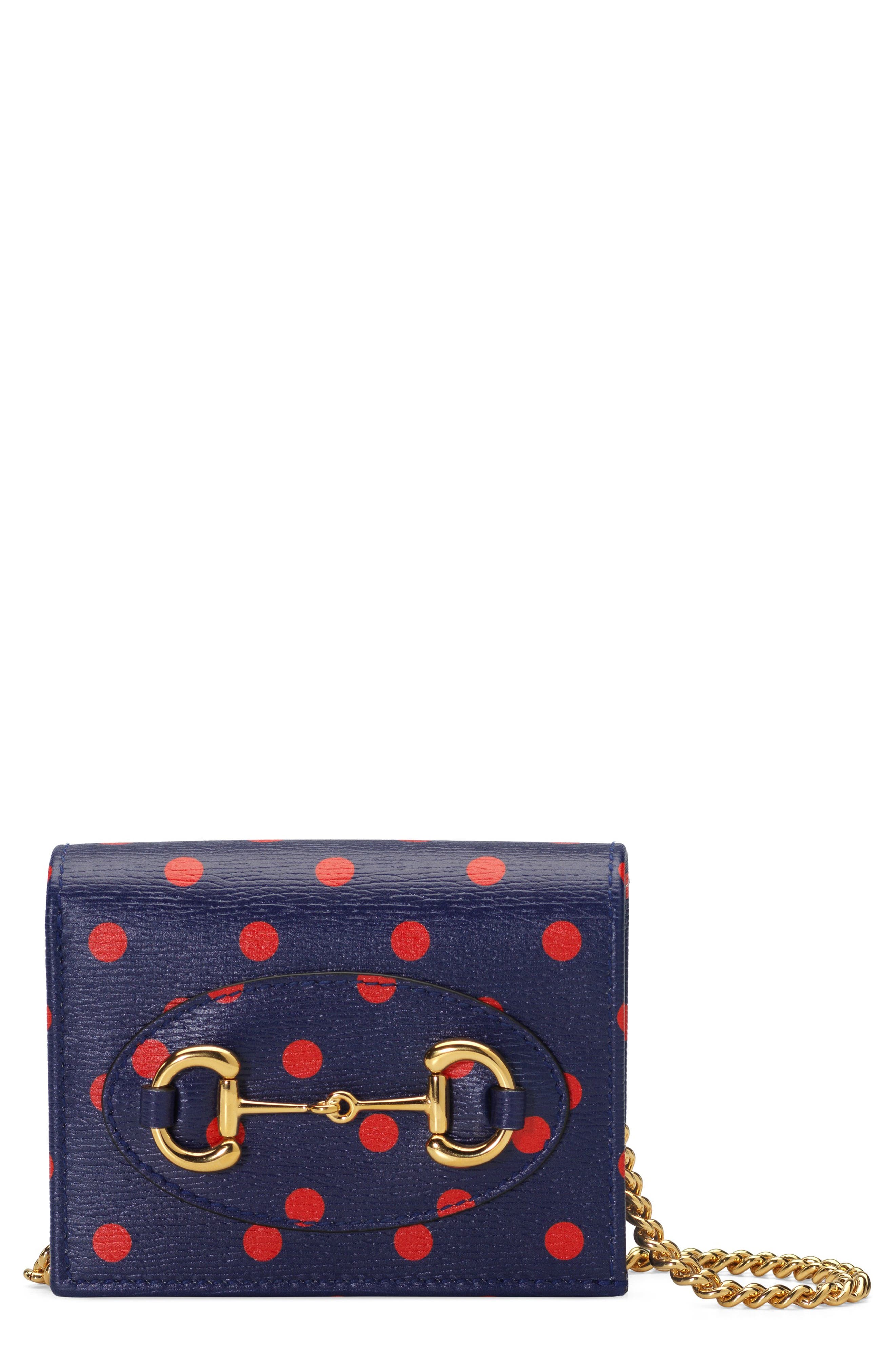 Gucci 1955 Horsebit Polka Dot Leather Wallet on a Chain, Main, color, 