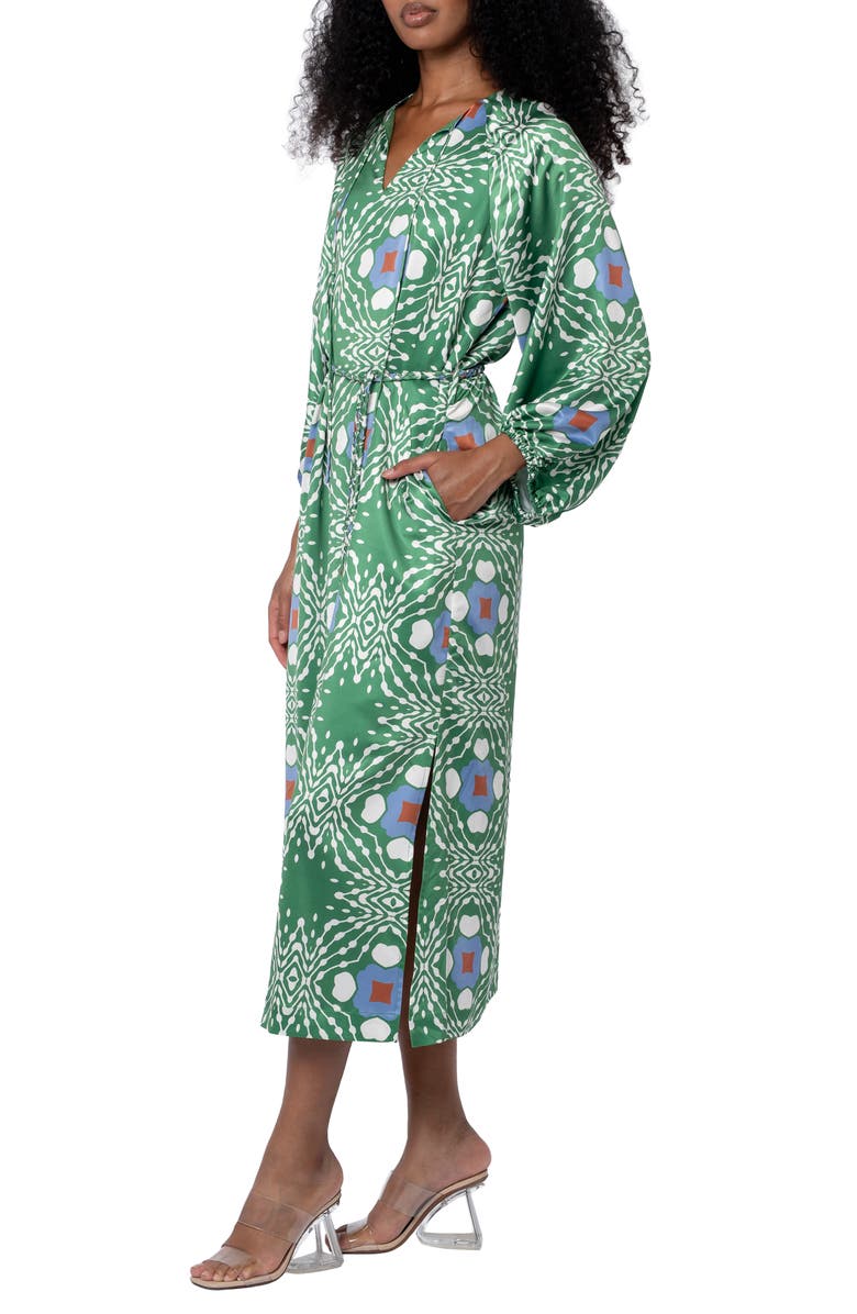 CIEBON Jardin Abstract Print Long Sleeve Satin Dress, Alternate, color, Green Multi