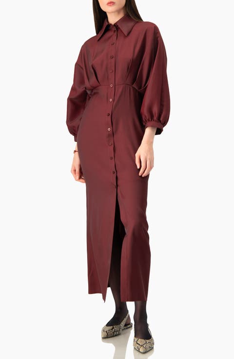 Long Shirt-collar Dress With Balloon Sleeves
