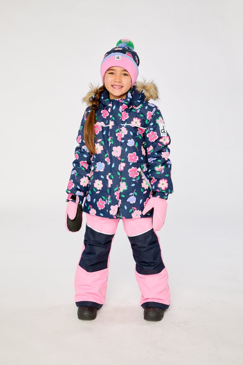 Discover Floral Faux Fur Hood Jacket & Suspender Pants Two Piece Snowsuit, Alternate, color, Blue Floral Print