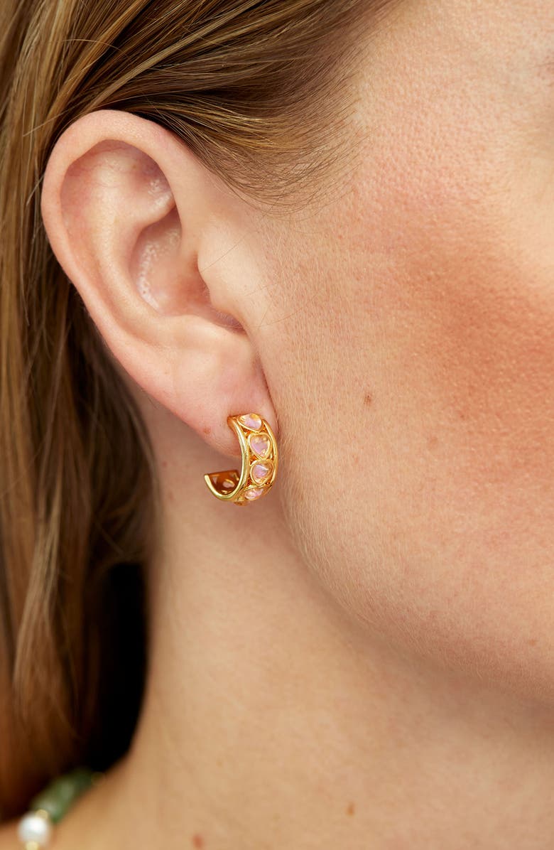 SAVVY CIE JEWELS Cubic Zirconia Cabochon Heart Huggie Hoop Earrings, Alternate, color, Yellow