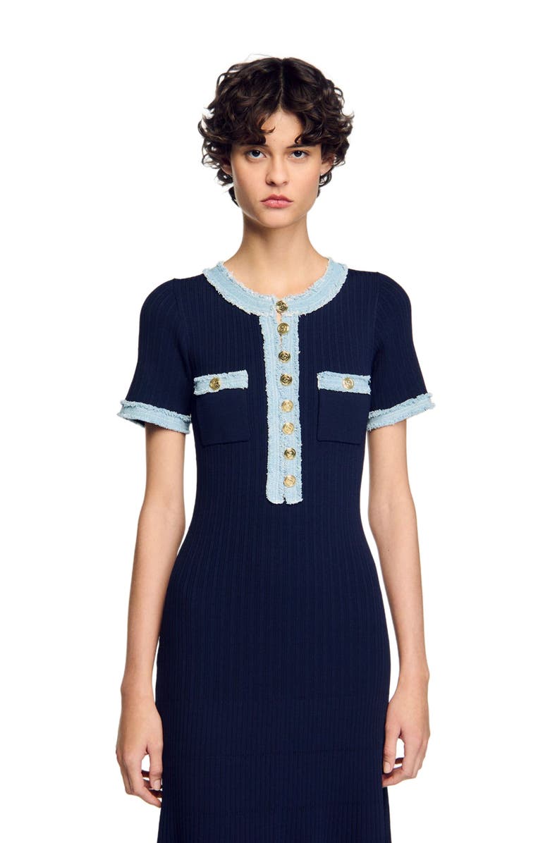 SANDRO Knit and denim midi dress, Alternate, color, 
