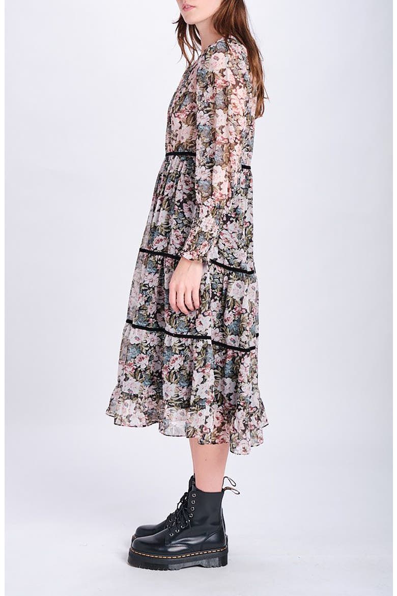 Floral Print Midi Dress, Alternate, color, BLACK