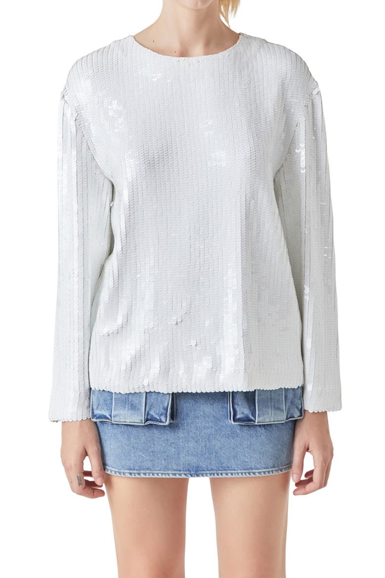 Sequin Long Sleeve Top, Alternate, color, WHITE