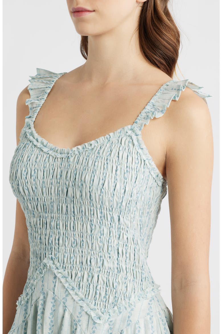 Floral Smocked Bodice Flutter Sleeve Midi Dress, Alternate, color, OFF WHITE/ BLUE