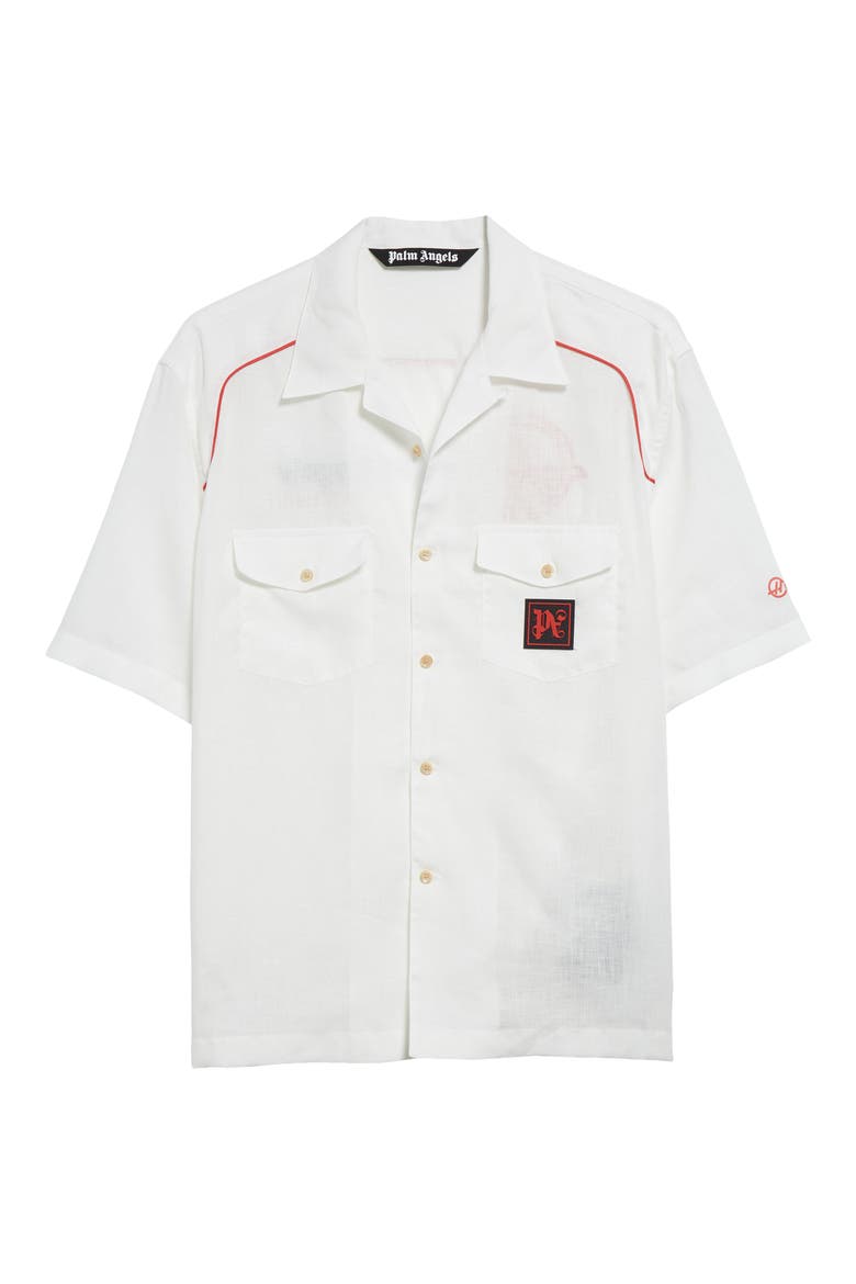 x Haas Moneygram Short Sleeve Linen Button-Up Camp Shirt, Alternate, color, OFFWHITE RED