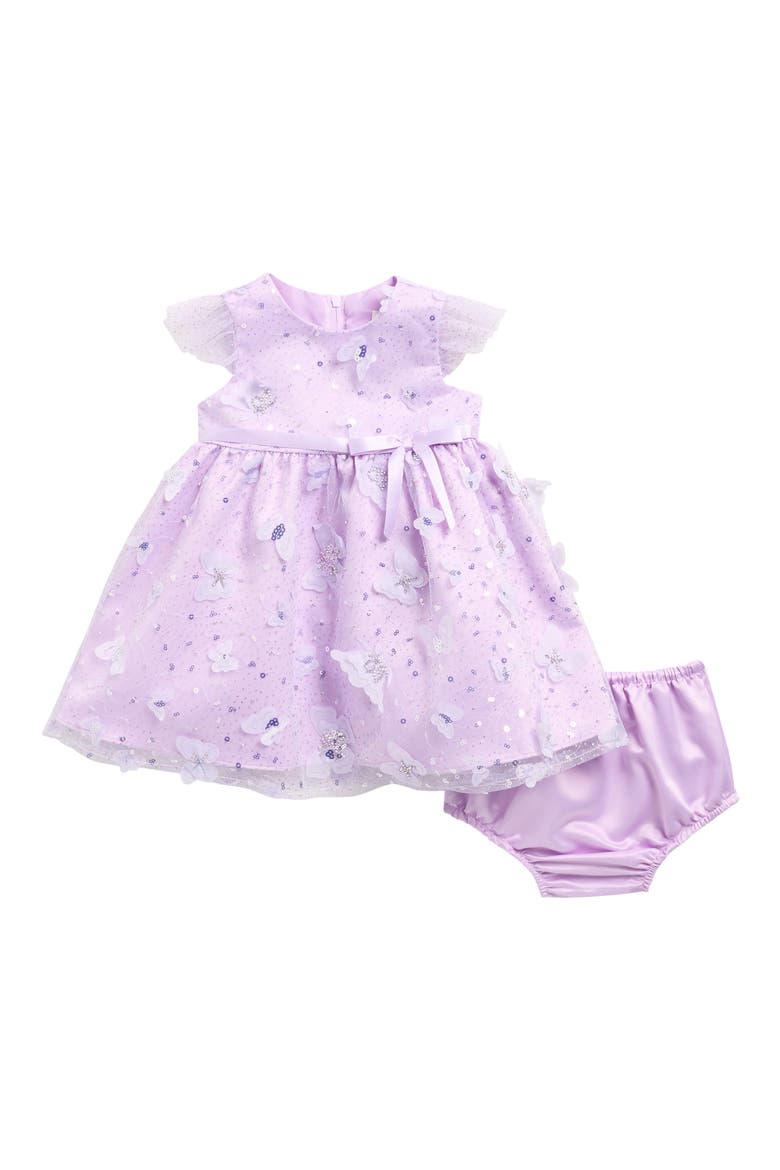 3D Butterfly Sequin Mesh Party Dress & Bloomers Set, Main, color, PURPLE